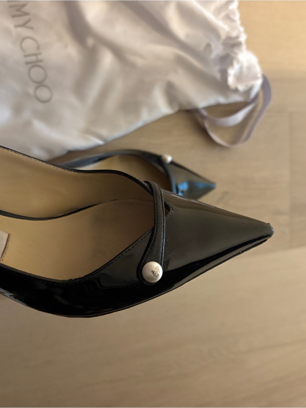 Jimmy Choo Black Patent Leather Pointed Slingback Pumps with Pearl Accent - Picture 6 of 9